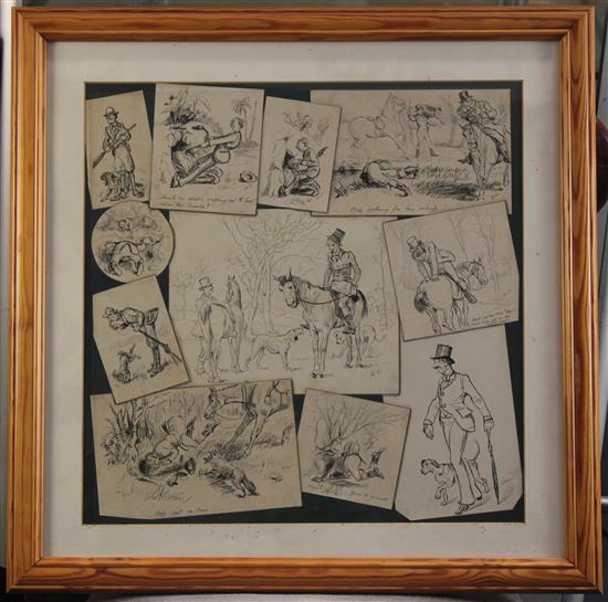 Randolph Caldecott (1846-86) Trompe loeil Assemblage of Sketches of hunting scenes, 15 x 15in.